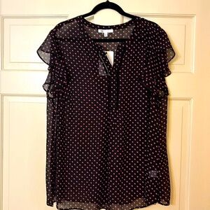 DR2 blouse, 2X, navy blue with pink polka dots